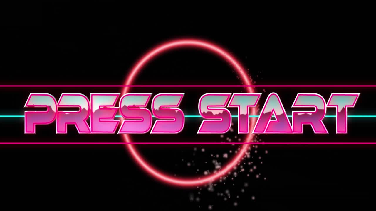 Animations of press start text over black background