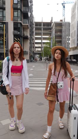 dos mujeres jóvenes caminando por la ciudad con equipaje