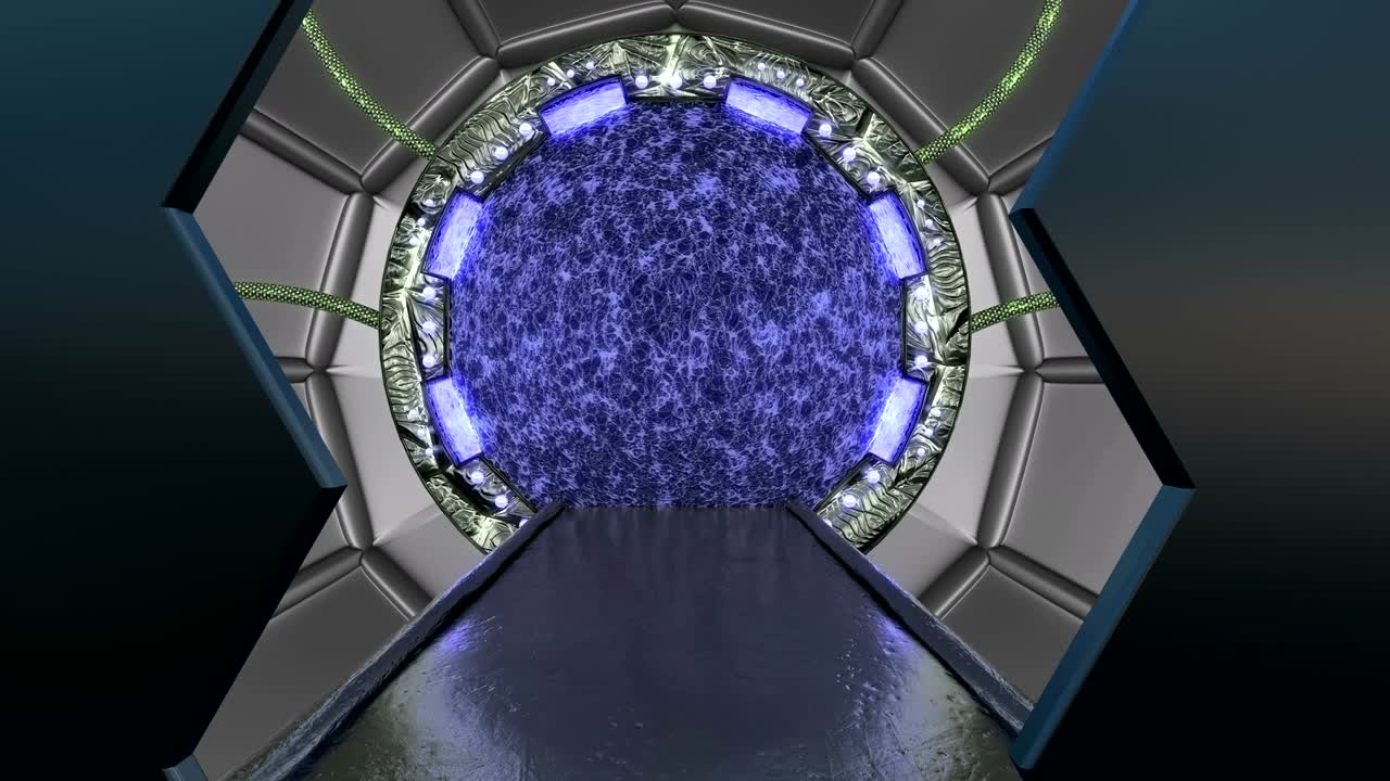 vista panorámica de la escena del paisaje de la estación. fondo abstracto 3d de corredor de ciencia ficción con portal. tecnología futurista abstracto vj sin costuras para títulos tecnológicos y fondo.