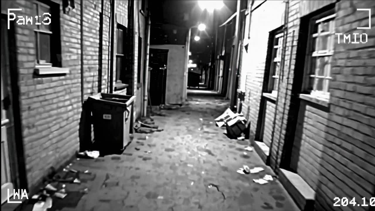 Nighttime alleyway in black-and-white, captured from a low-angle, security camera perspective