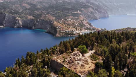 amazing landscapes of assos village and view surrounding mountains of cephalonia in greece - aerial shot