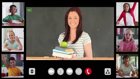 composite video call interface with diverse smiling female teacher and six children in online lesson