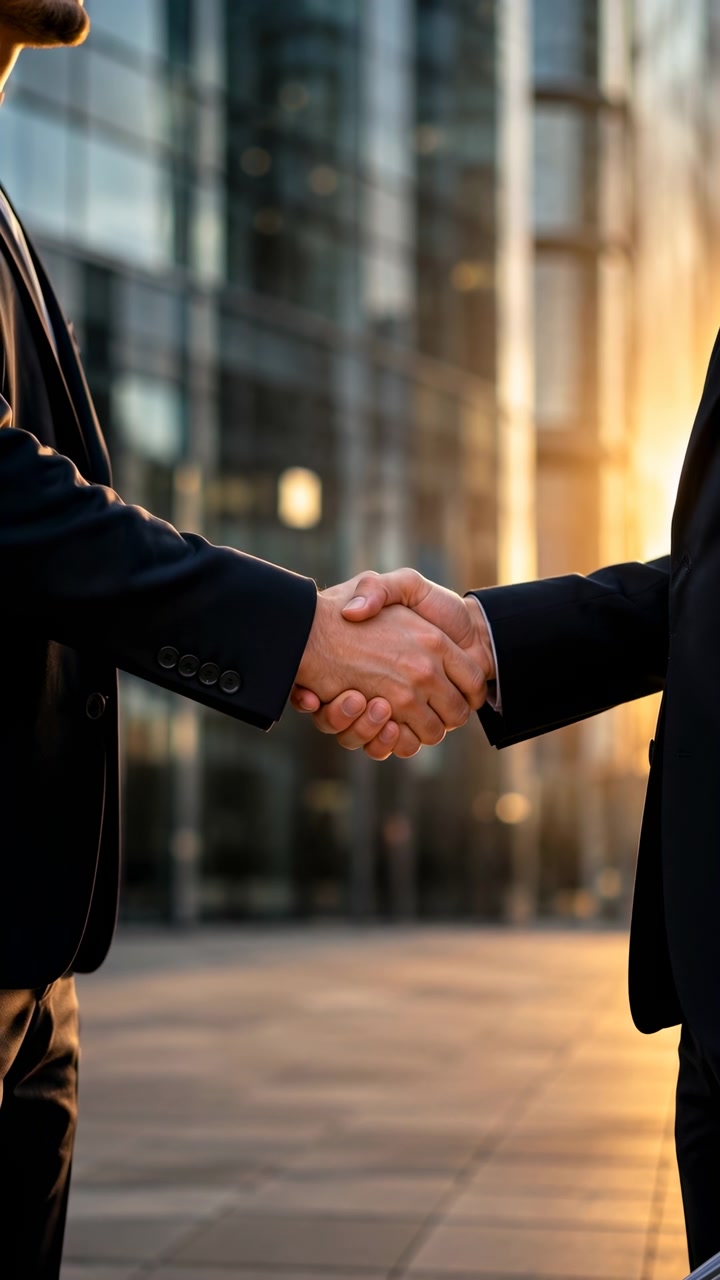 Due professionisti in abiti scuri su misura si stringono la mano e poi la separano, all'esterno di torri per uffici in vetro riflettente all'ora d'oro, a dimostrazione di un accordo commerciale, fiducia e impegno.