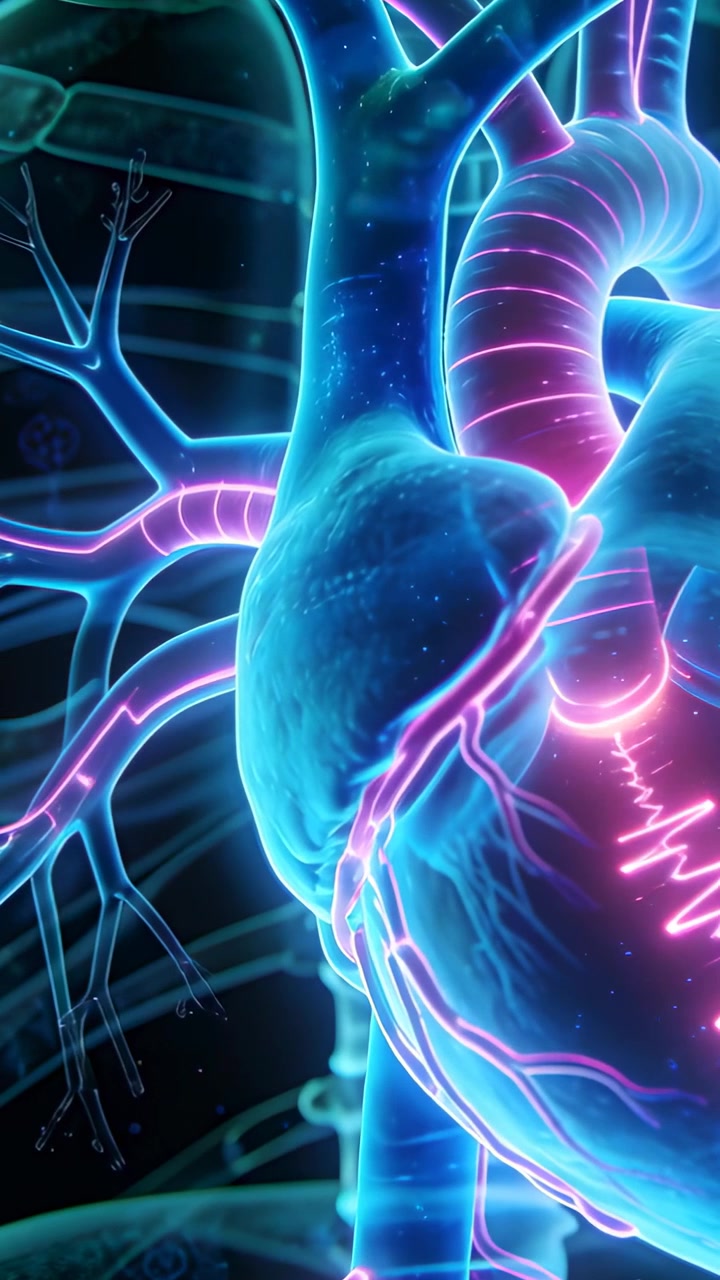 Video verticale: Telecamera che panoramica mostrando un cuore 3D che pulsa nel torace, con forma d'onda ECG a scopo didattico.
