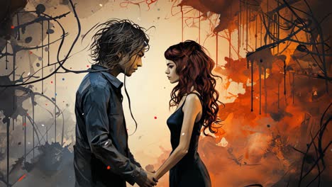 intense moment between two figures amidst abstract chaotic background