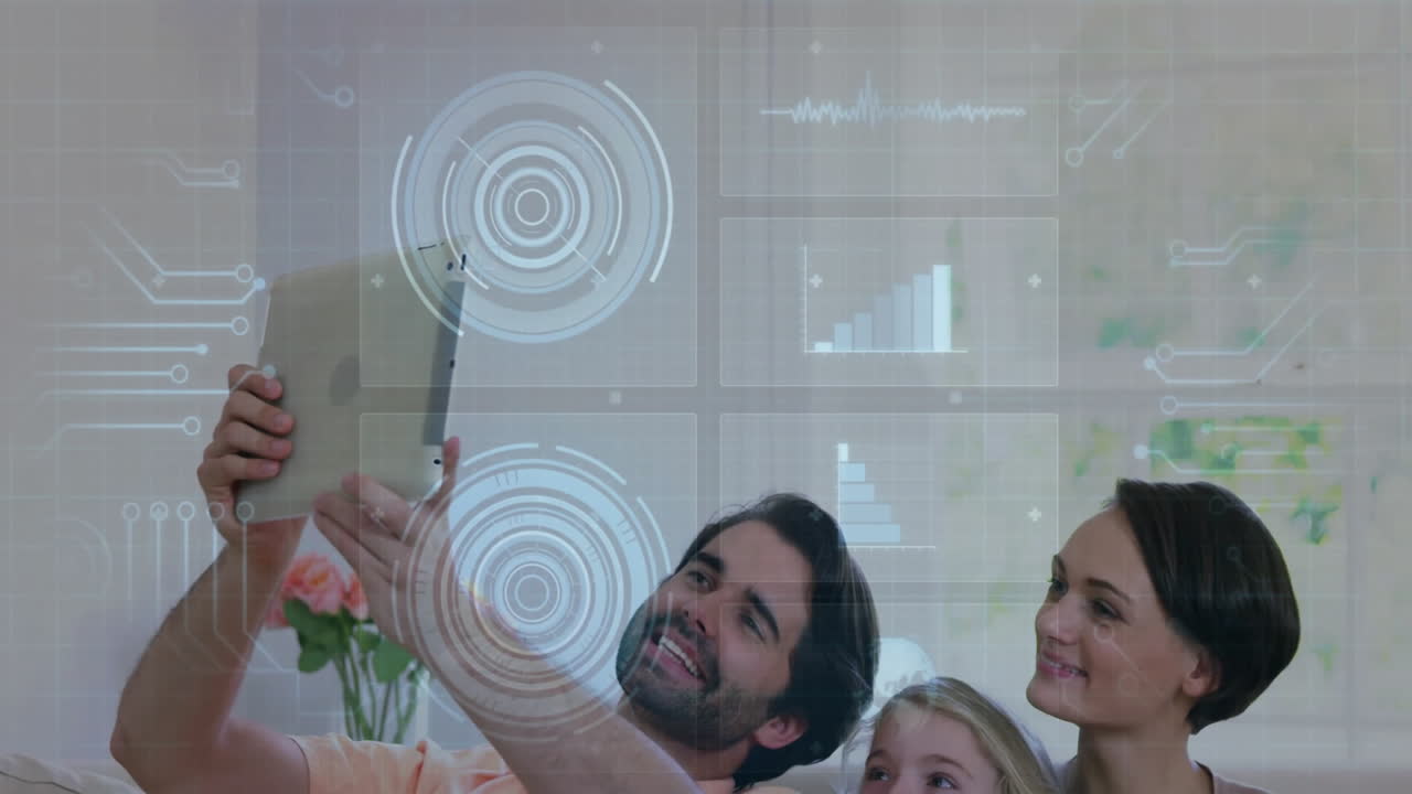 Family holding tablet above head in modern living room, projecting holographic tech HUD with charts