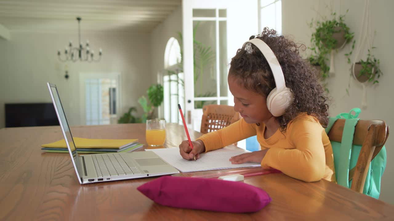 Laptop is starting lesson so student is writing on paper with red pencil at dining table