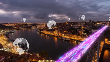 Aerial-Time-lapse-smart-modern-city-day-to-night-skyline-with-animation-of-fast-global-internet-network-high-speed-connectivity-stream-of-data-on-river-bridge-crossing-the-city