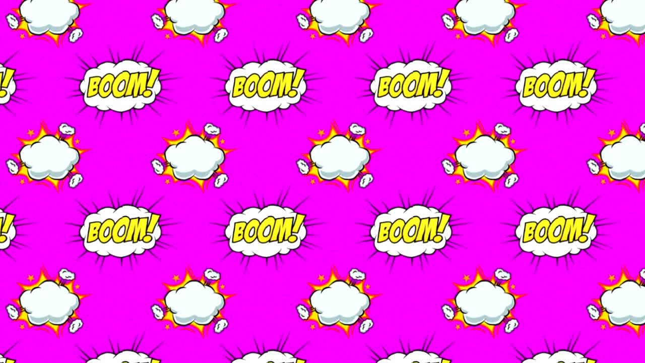 animación de múltiples burbujas de habla de dibujos animados vintage y nubes con boom! texto en movimiento