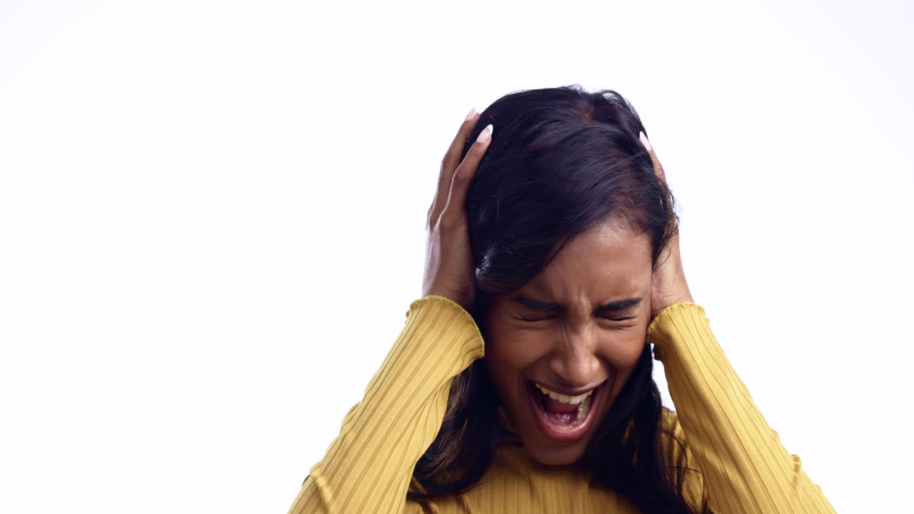 Noise, mental health and face of woman on a white