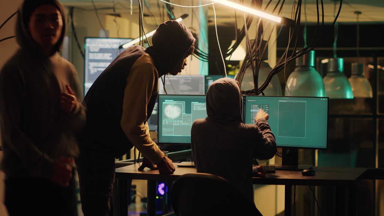 Hackers working on computers in a dark room