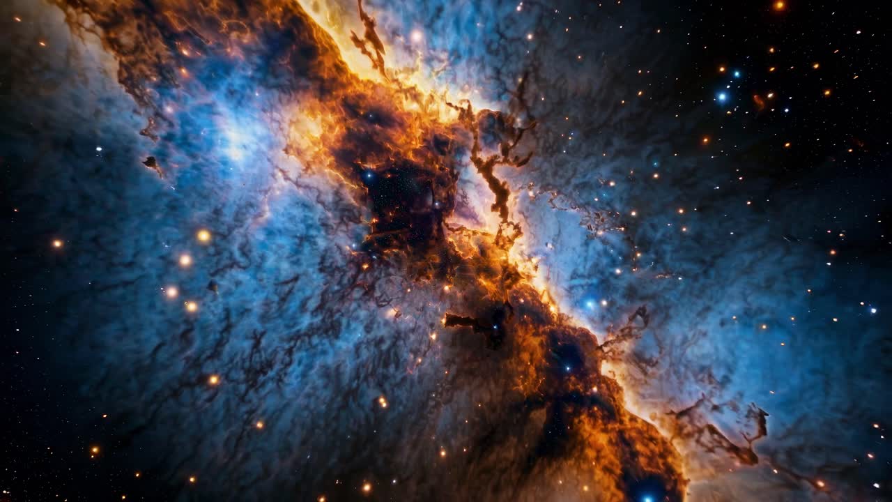 A mesmerizing video of a nebula, captured from a wide-angle perspective, showcasing vibrant blue