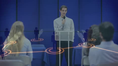 animación de redes de conexiones con las personas iconos sobre el maestro y los estudiantes en la universidad