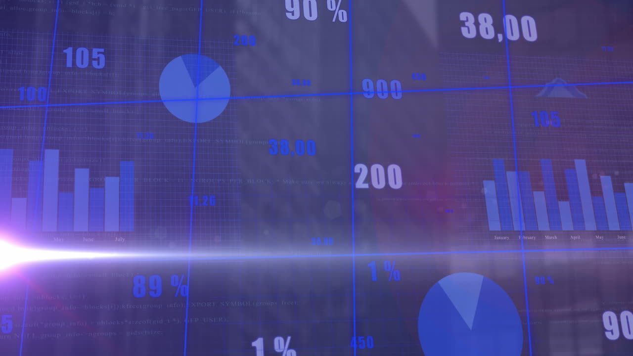 Animation of statistical data processing and light spot against aerial view of tall building