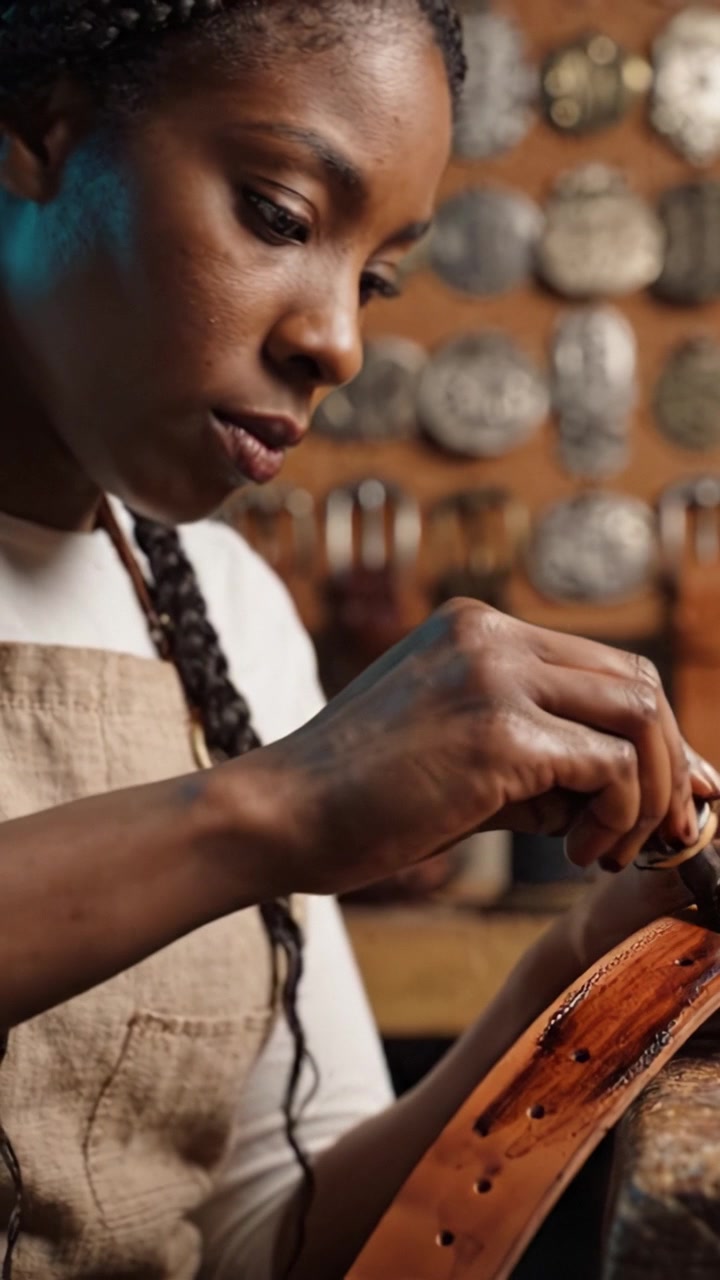 Artesão em Ação: Um Artesão Focado Aplicando os Toques Finais em Artigos de Couro Enquanto Cercado por Fivelas e Ferramentas Artesanais em um Ambiente de Oficina.