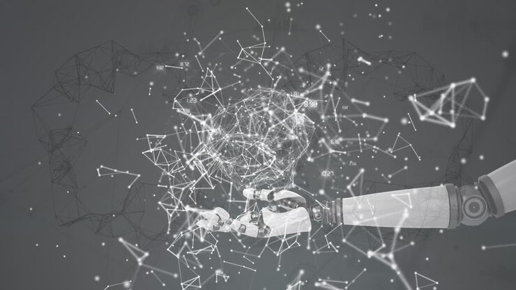 Digital animation of network of connections over robotic hand against grey background