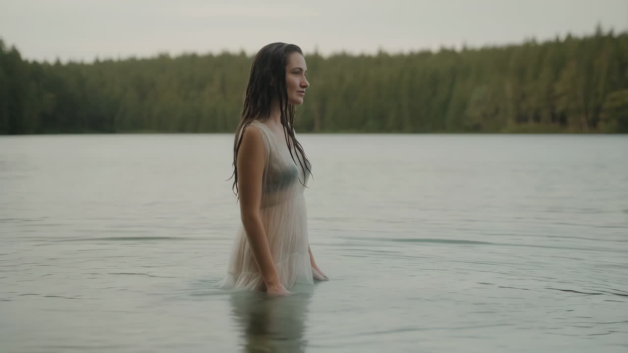 A woman stands in a calm lake surrounded by nature