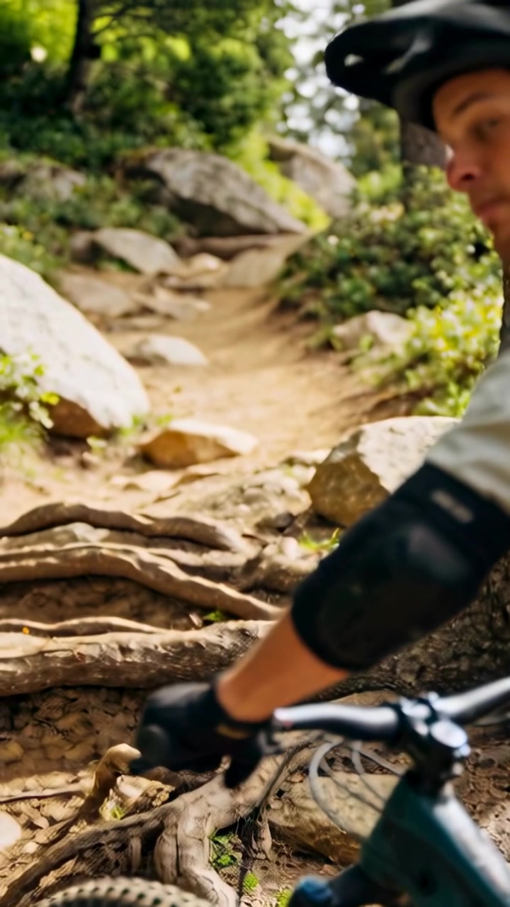 Vídeo vertical: Ciclista de montanha parando no topo da trilha, examinando-a, com capacete e cotoveleiras, e espaço para texto