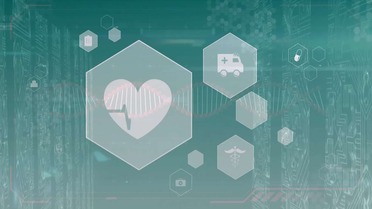 의료 아이콘의 애니메이션 및 컴퓨터 서버 배경에서 데이터 처리