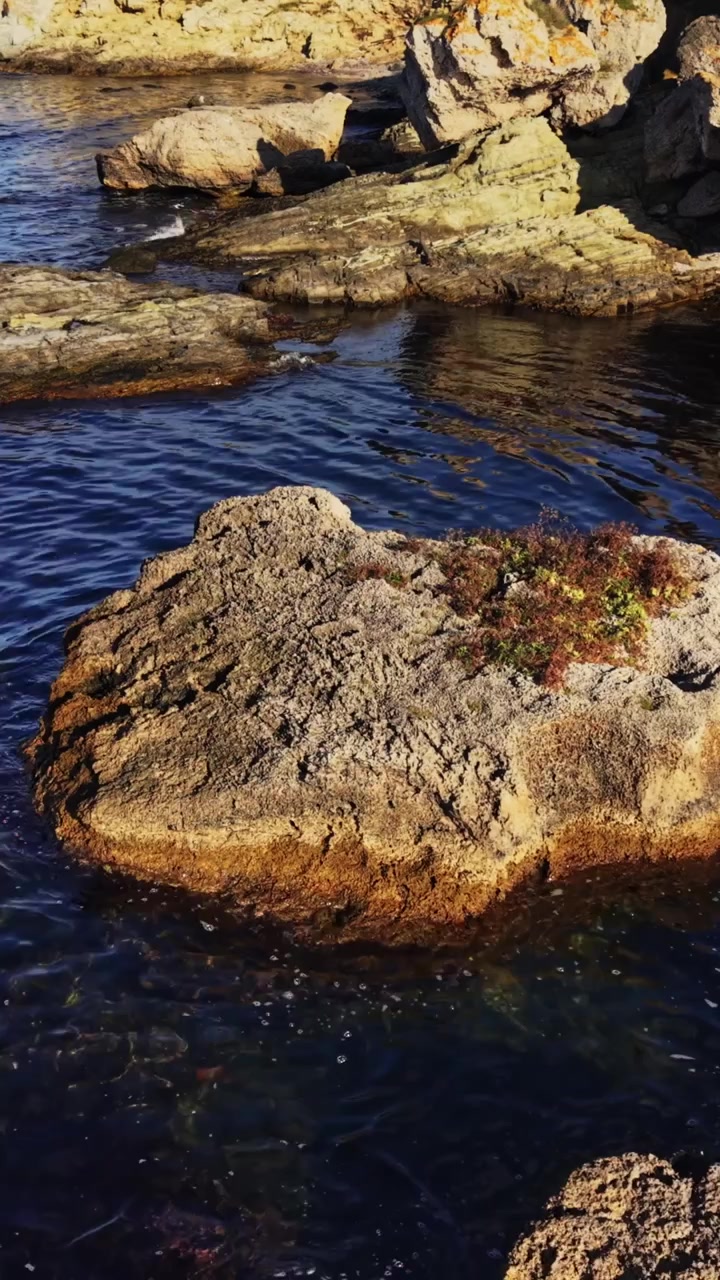 Panoramica aerea scenica della costa rocciosa con acque calme e litorale