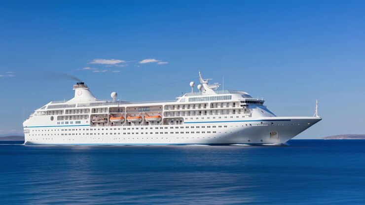 Large White Cruise Ship Sailing on Calm Blue Sea