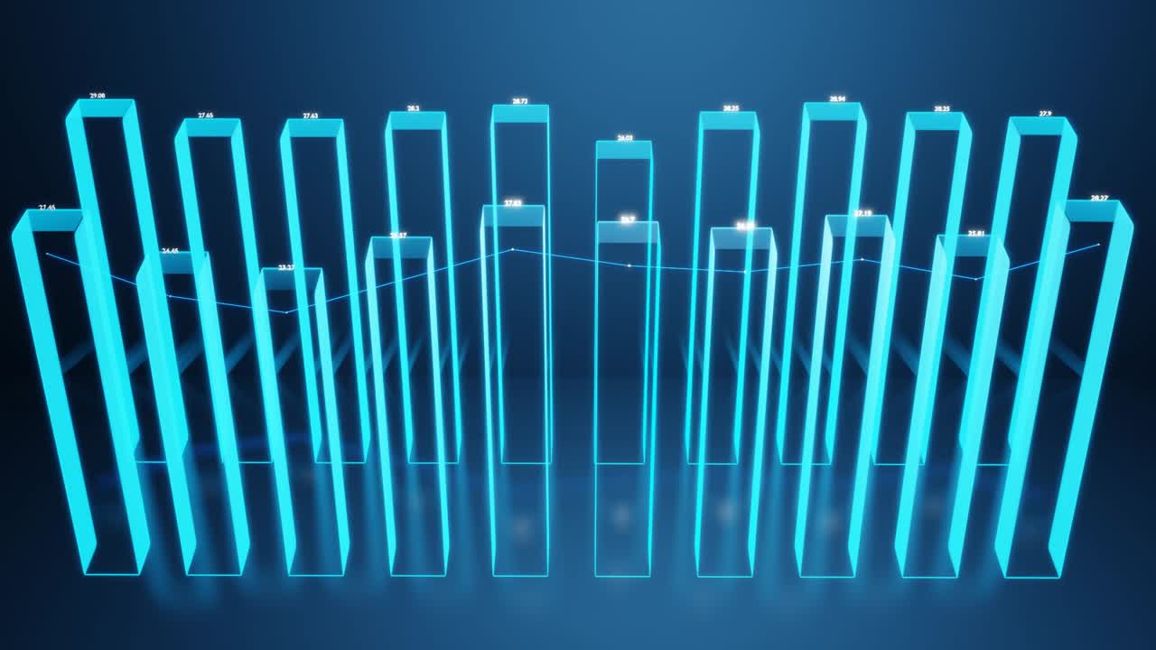 Hologram,beautiful bg with abstract infographics. Holographic bars, counters and graph. 3d columns smoothly move up and down in loop. Financial background of columns and graph for analytical programs.