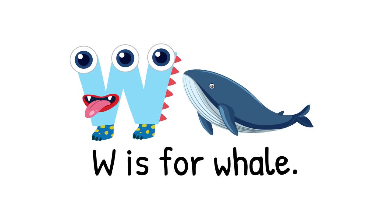 Playful animation of letter W transforming into a whale with vibrant colors and cheerful expressions