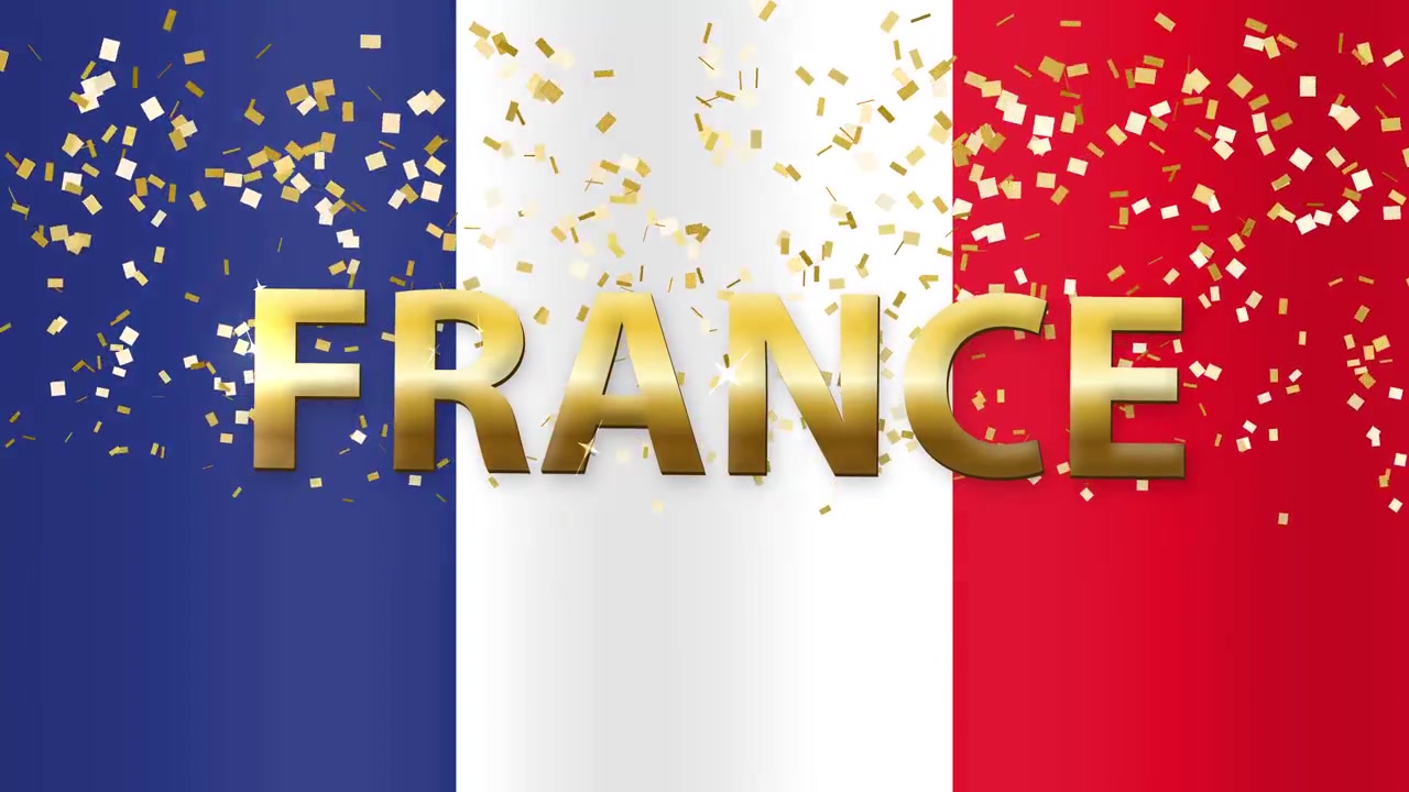 Bandiera francese tricolore animata che sventola con testo "France" in oro metallico e particelle di coriandoli scintillanti che cadono