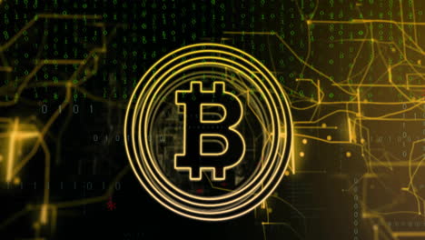 símbolo de bitcoin con código binario y animación de conexiones de red sobre fondo oscuro