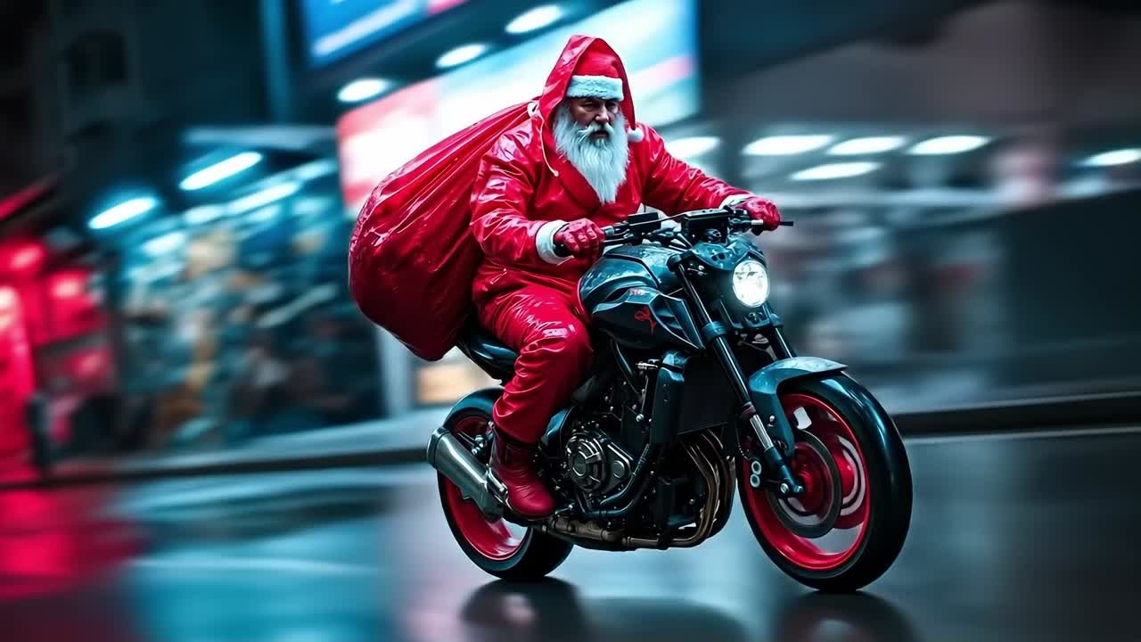 A man dressed as Santa Claus riding a motorcycle in the city
