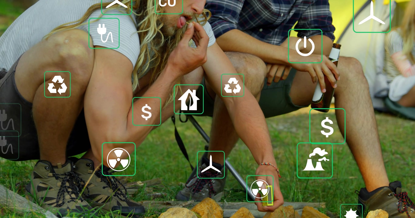 Two men at fire pit, left man taking lighter, sparking tinder for warmth, energy icons overlaying