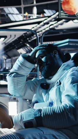 vertical video researchers in starship discussing mission plan during mankind survival expedition