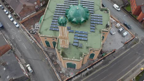 Aerial-view-of-Gilani-Noor-Mosque-in-Longton,-Stoke-on-Trent,-Staffordshire,-the-new-Mosque-being-built-for-the-growing-muslim-community-to-worship-and-congregate