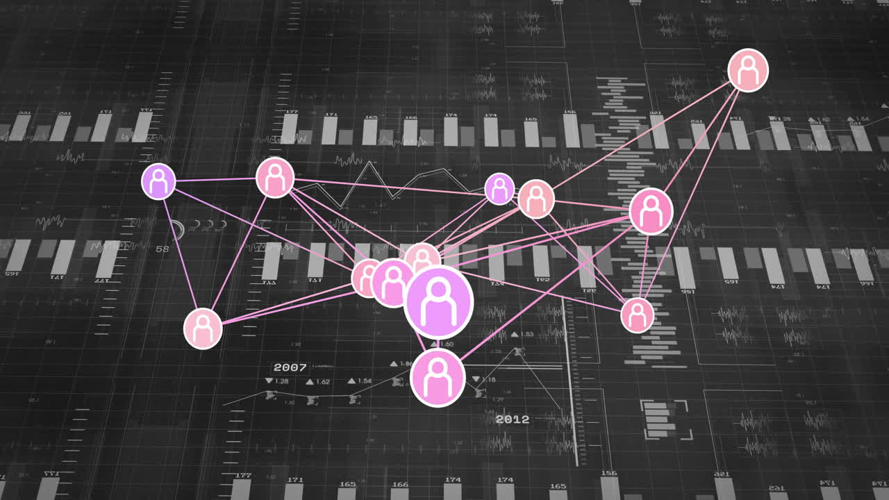Animation of connected people icons over financial data charts in school setting