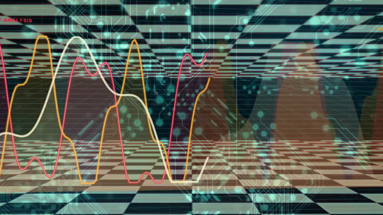 Teal overlays fading, checkerboard corridor showing colorful graphs rising, visualizing data trends