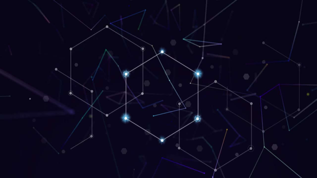 Animation of network of connections with glowing spots on black background