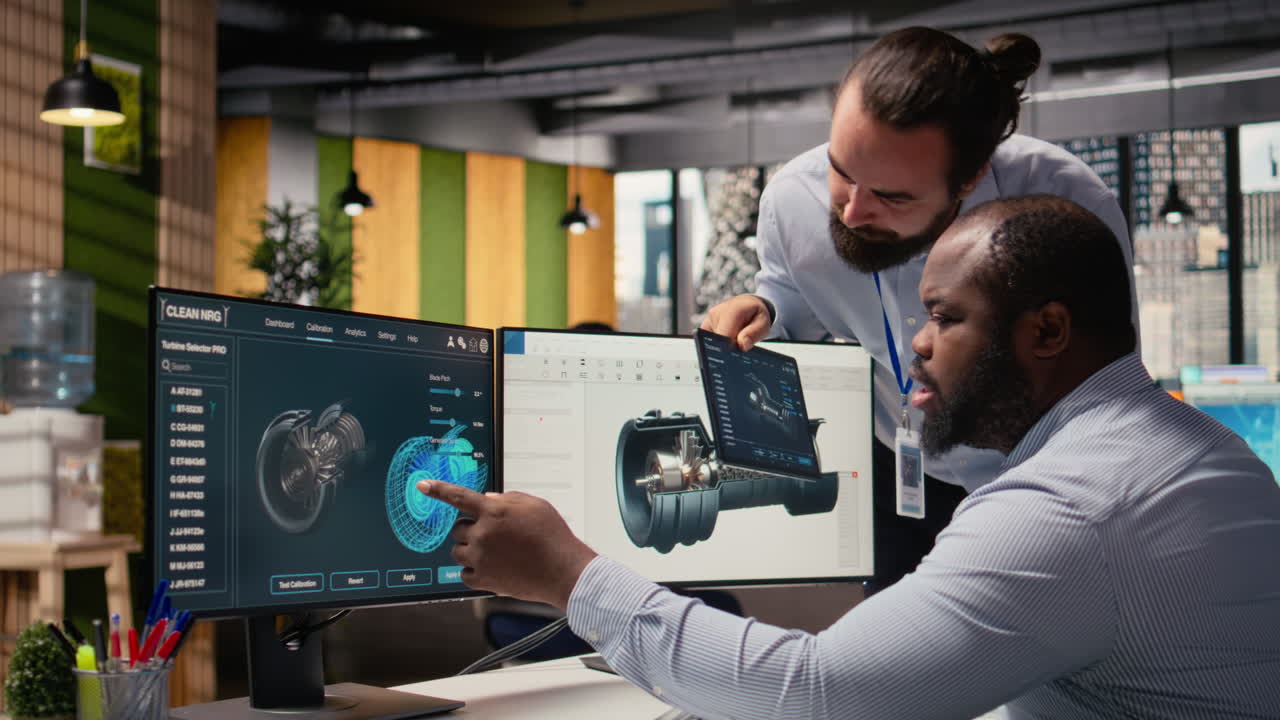 Team Of Engineers Using Cad App To Make Wind Turbine More Sustainable