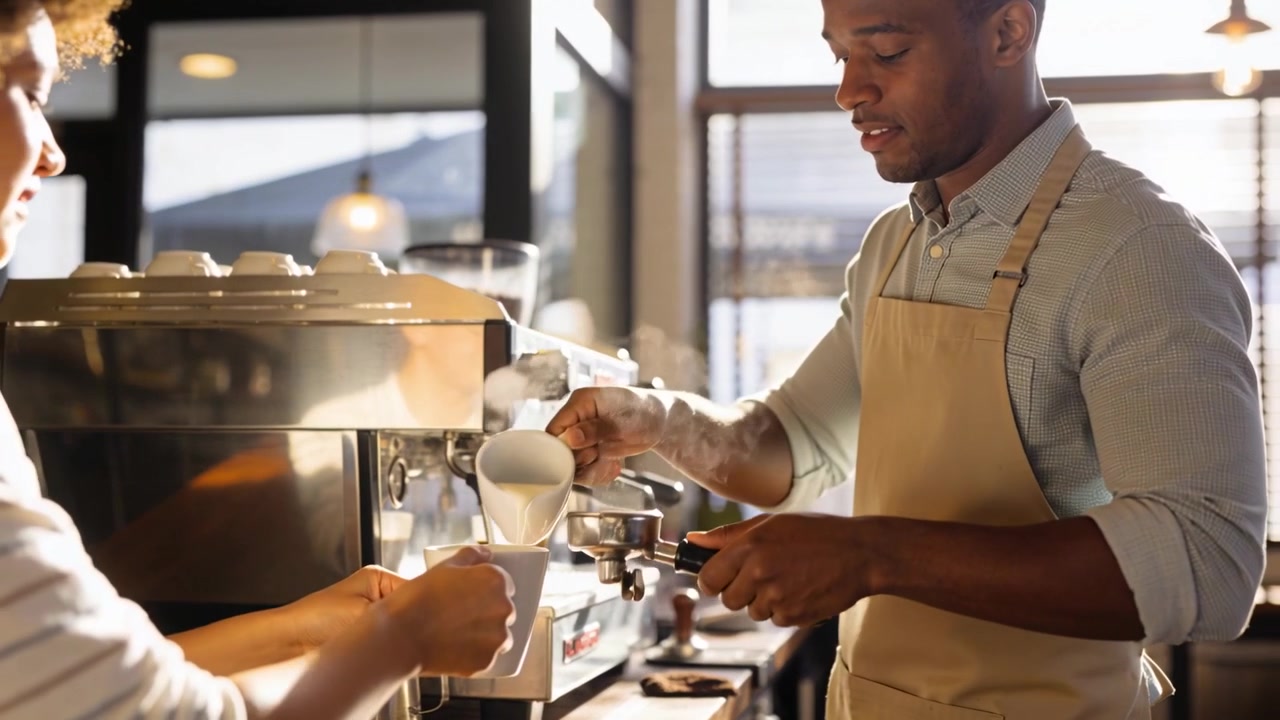 Receiving order, barista using espresso machine, steaming milk, pouring into cup at cafe bar, apron