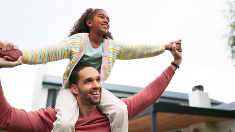 happy, piggyback and playful with father