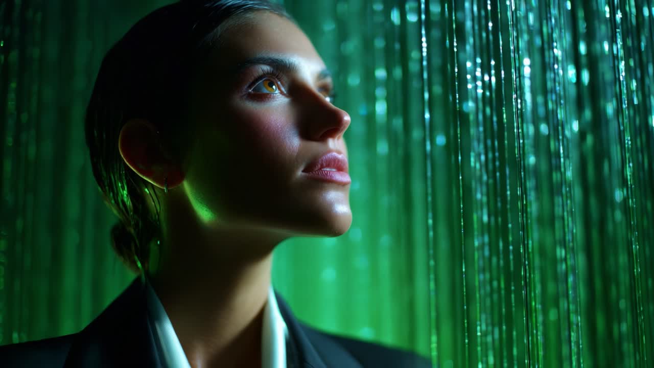 A contemplative figure gazes into the distance, illuminated by vibrant green light, surrounded by cascading glistening strands, embodying a moment of powerful introspection and emotional depth