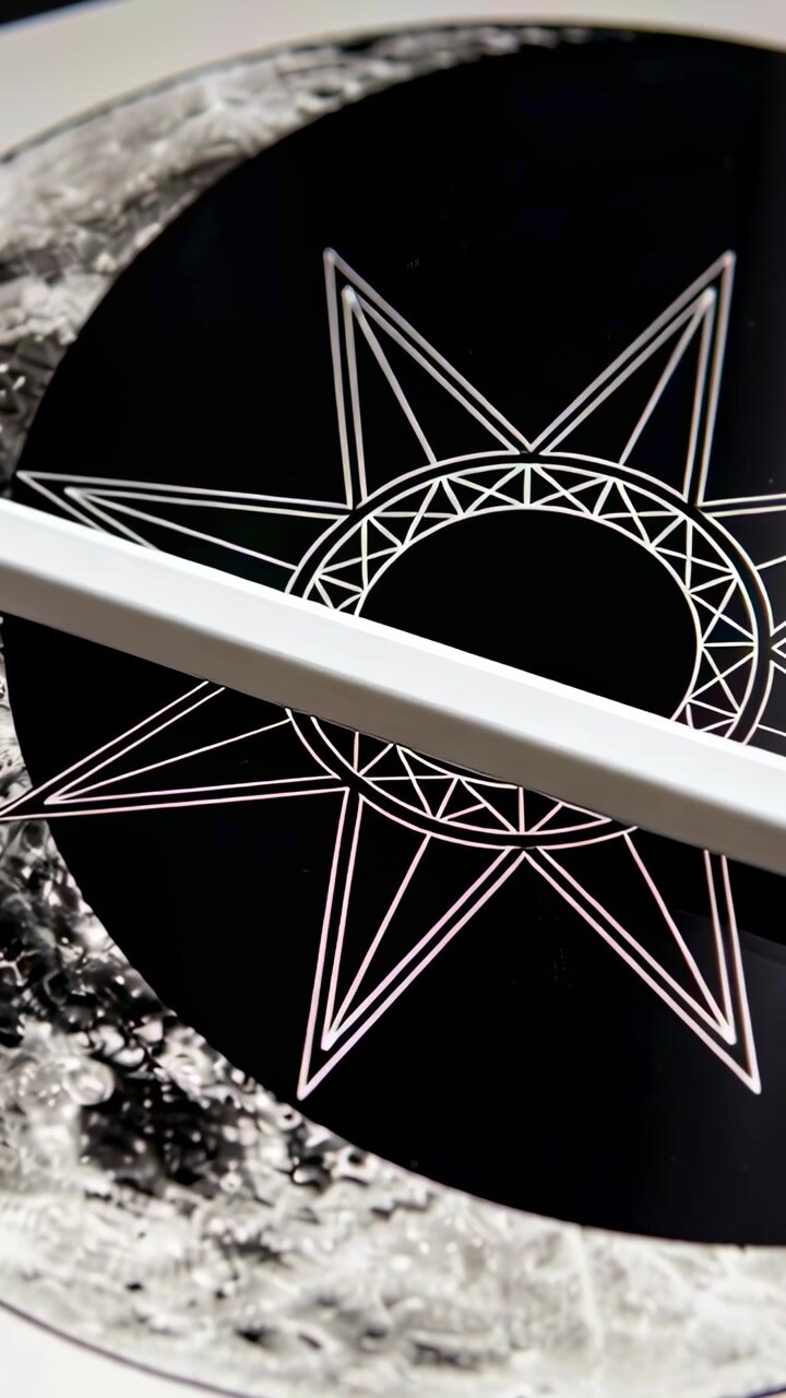 Vertical video: Camera panning showing black disc white star crescent and white bar for closeup