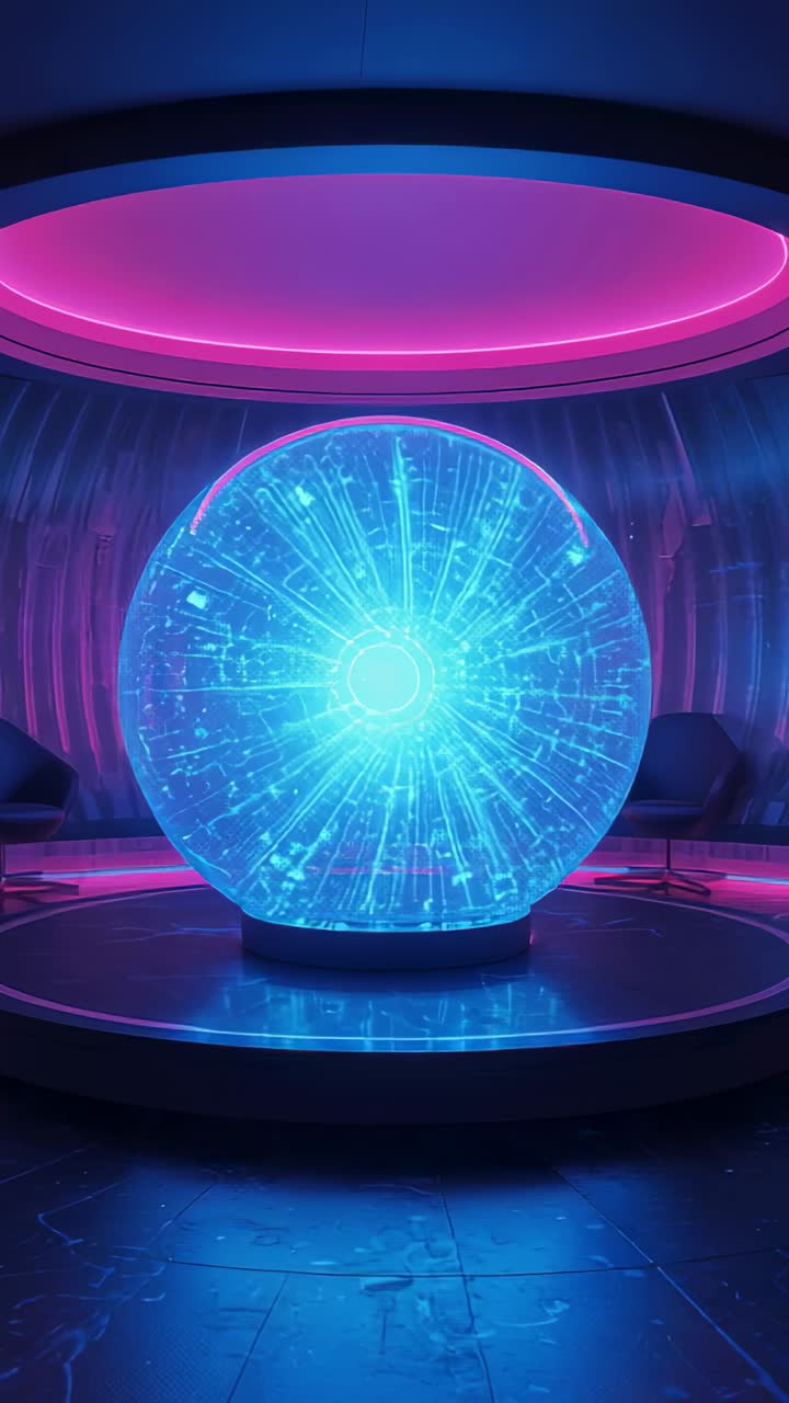 Vertical video: Emitting orb radiating data streams in circular chamber, with magenta LED ring glow