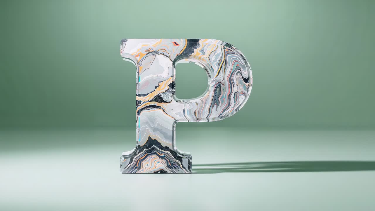 Opening showing marble uppercase P standing on glossy green tabletop, light shifting casting shadow