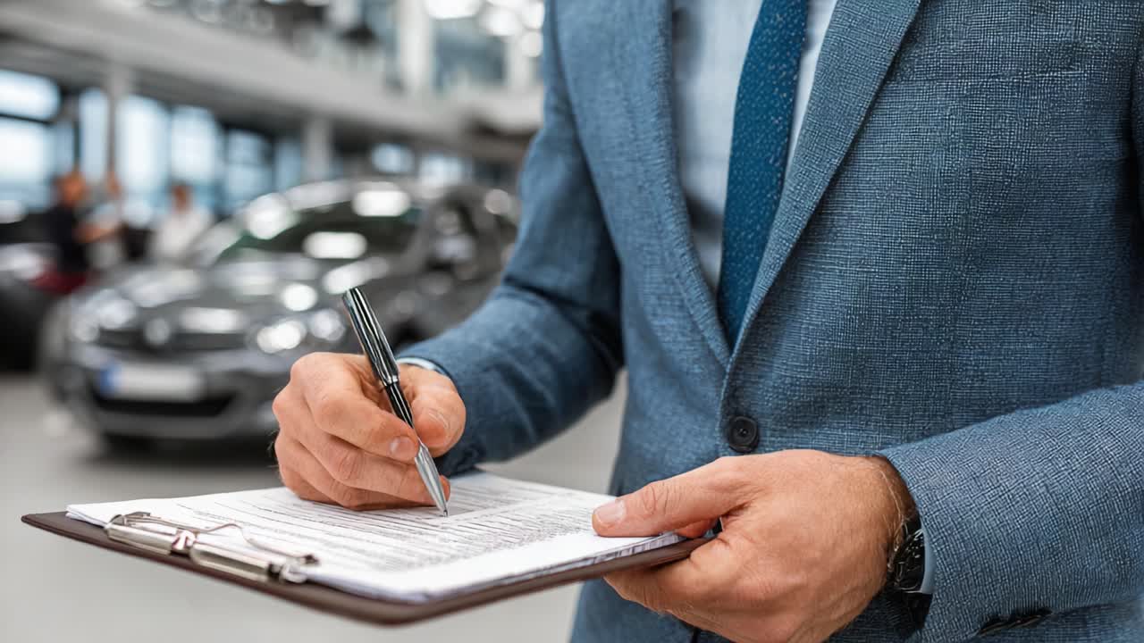 Un Professionista in Abito Prende Appunti su un Blocco Note all'Interno di una Moderna Concessionaria d'Auto con Veicoli sullo Sfondo, Catturando le Dinamiche del Settore e il Processo di Vendita