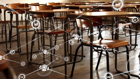 animation of an empty classroom over a web of connections in the background