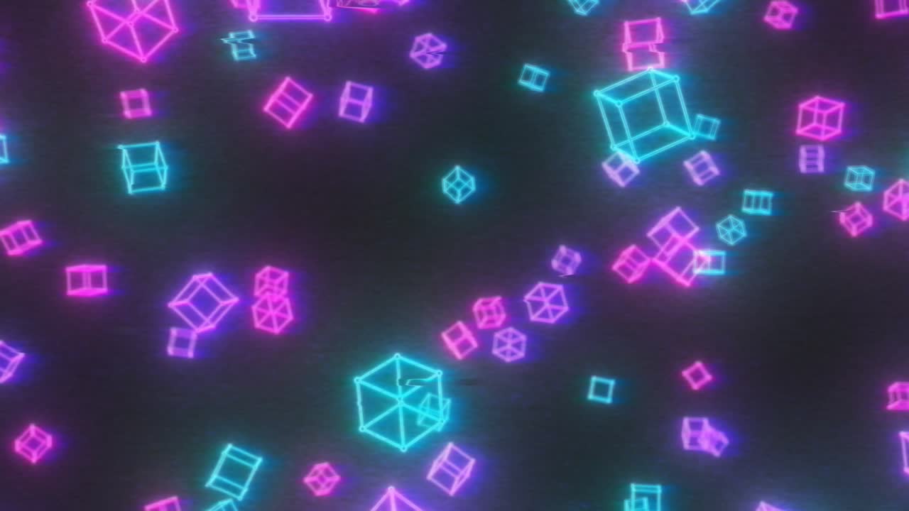 80s retro glitchy neon wireframe 3d cubos volando en el futuro cyberpunk - 4k sin costuras vj bucle de movimiento de fondo de animación