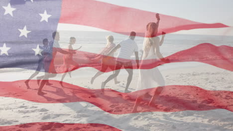 animation of flag of usa over happy diverse friends on beach in summer