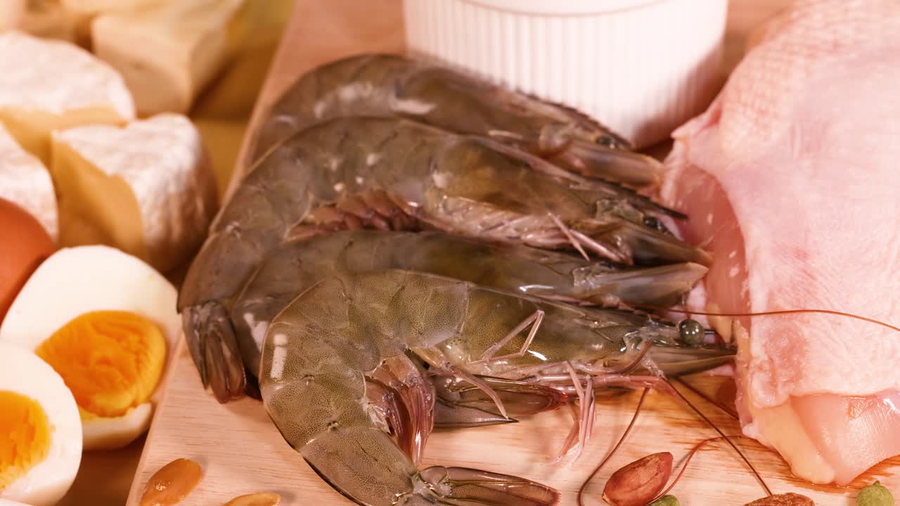 variedad de carnes, mariscos, nueces y huevos