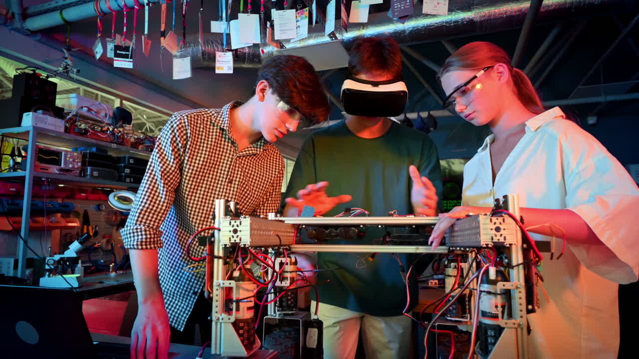 Group of teens doing experiments in robotics in a laboratory. Boys and girl in protective and VR glasses working with a robot. Red and blue illumination