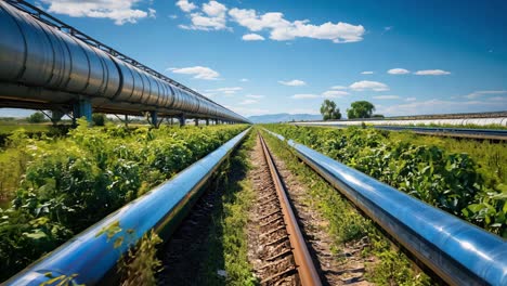 pipelines by railway tracks in a green landscape and clear sky